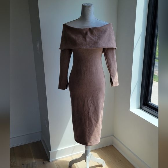 AKIRA | Off Shoulder Faux Suede Midi Dress - Picture 2 of 10